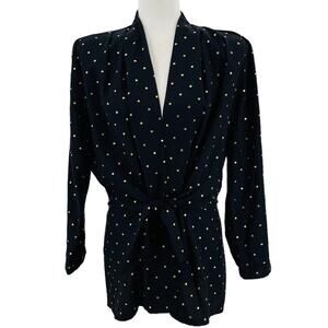 Essay by Sharon Anthony Navy Blue Polka Dot Belted Long Blazer Women Sz 12 VTG